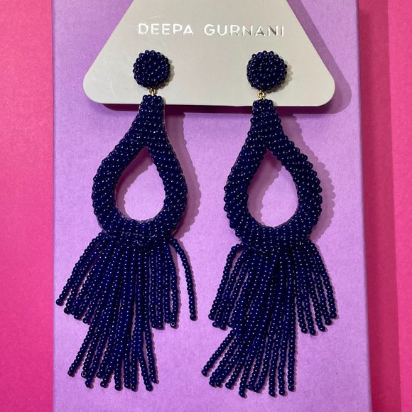 NWT Deepa Gurnani Anthropologie Beaded Fringe Chandelier Earrings Navy Blue - Picture 5 of 7